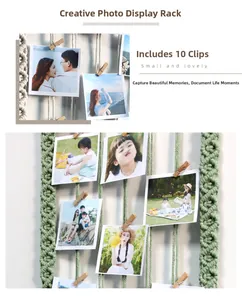 Detail of light green handwoven photo wall hanging with 10 natural wooden clips