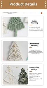 Detail of handmade macrame Christmas tree wall hanging with cotton cords and wooden beads