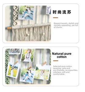Close-up of handmade woven cotton wall hanging with natural wooden rod and tassels