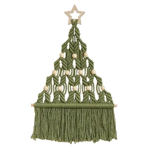 Handmade bohemian Christmas tree wall hanging in olive green cotton rope with wood beads