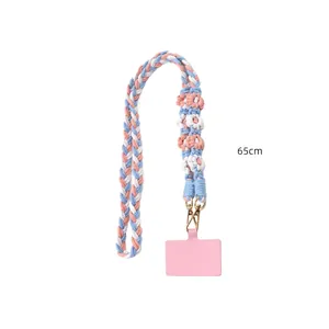 Cordino tracolla per cellulare a fiori intrecciato a mano in rosa e blu con gancio
