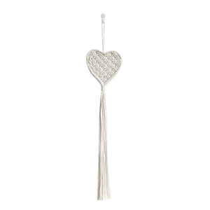 Bohemian style handmade macrame heart wall hanging with elegant white cotton tassels