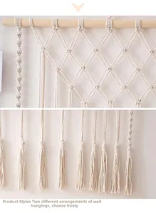 Close-up of macrame wall hanging showing diamond weave texture and wood beam detail