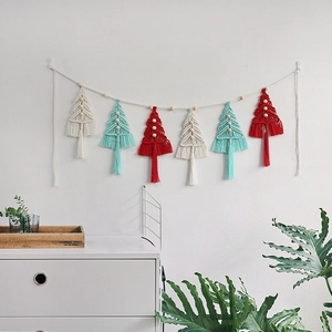 Handmade Macrame Christmas Tree Garland with Wooden Beads for Nordic Holiday Wall Decoration