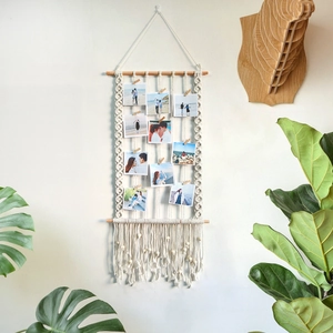 Handmade Bohemian Macrame Wall Hanging Photo Display Cotton Rope Woven Tapestry With Wood Clips And Beads For Home Decor