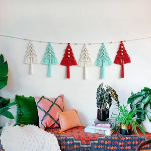 Nordic woven Christmas tree wall hanging with tassels and wooden beads set of 6
