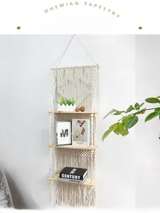 Detail of bohemian handmade woven wall shelf with three layers of natural wood boards