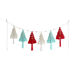 Nordic woven Christmas tree wall hanging with cotton macrame tassels and wooden beads