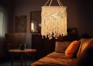 Close-up of bohemian macrame lampshade featuring handmade leaf texture and fringe detail