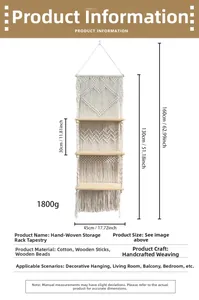 Detailed size specifications of a 3-tier hand-woven macrame wall shelf with wood beads