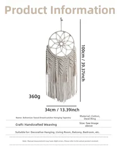 Detailed size chart for Bohemian dreamcatcher with 34x100cm handmade cotton weave