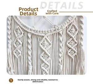 Close-up of Bohemian hand-woven cotton wall hanging with intricate knot patterns and tassels