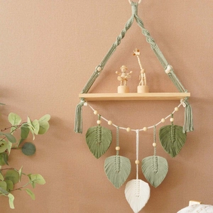 Boho green woven wall hanging tapestry with wooden shelf and leaf tassel decoration