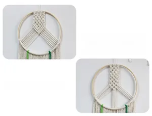 Detailed Macrame texture of handmade cotton rope peace sign wall hanging decor