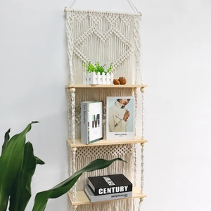 Boho hand-woven 3-tier wooden floating shelf with macrame cotton rope wall decor