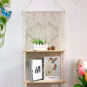 Bohemian hand-woven cotton macrame wall hanging shelf with double wooden storage layers