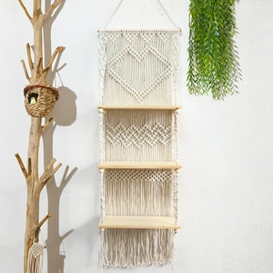 Nordic handmade macrame wall hanging shelf with 3-tier wood storage for boho room decor