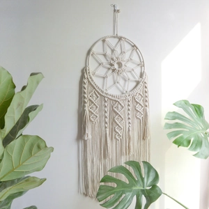 Bohemian dream catcher wall hanging with white cotton rope weaving and long tassels