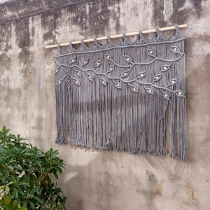 Bohemian hand-woven wall tapestry with leaf pattern, grey cotton rope and wood beads