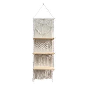 Boho 3-tier macrame wall hanging shelf with cotton rope weaving and wooden boards