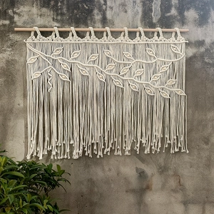 Bohemian handmade woven leaf tapestry wall hanging with fringe and wooden beads
