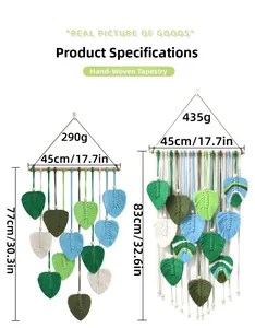 Detailed view of handmade macrame leaf tapestry with dimensions and weight data