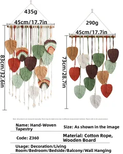 Detailed size comparison of handmade woven leaf macrame wall hanging in two dimensions