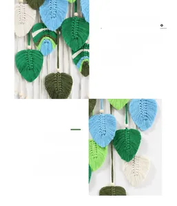 Detailed close-up of handmade bohemian woven cotton leaves and natural wood beads
