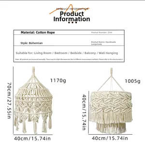 Size chart showing bohemian cotton rope woven lampshades with weight and dimensions