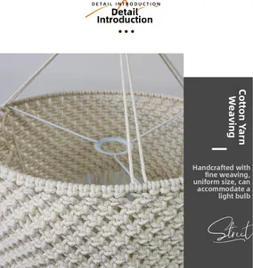 Detail of hand-woven cotton lamp shade with intricate mesh texture and metal frame