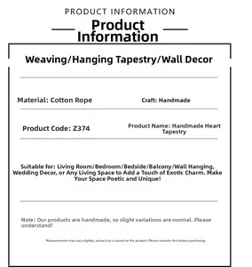 Detail showing material specifications and craft info for handmade heart tapestry