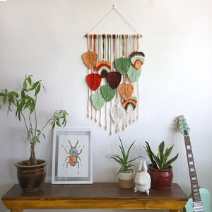 Handmade Woven Leaf Tassel Tapestry Boho Cotton Macrame Wall Hanging Decorative Ornament With Wood Rod For Bedroom Decor