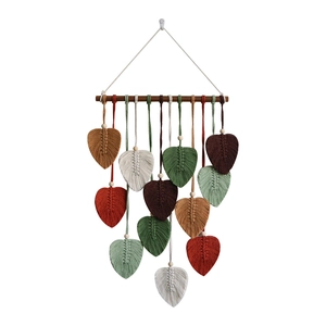 Bohemian handmade macrame wall hanging with 12 colorful leaf tassels and wood beads