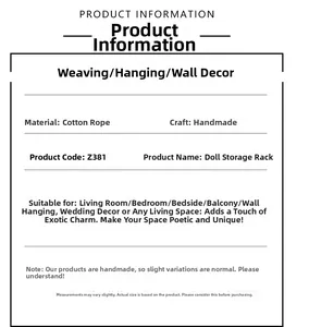 Detail of handmade cotton rope toy storage net with product specifications and material info
