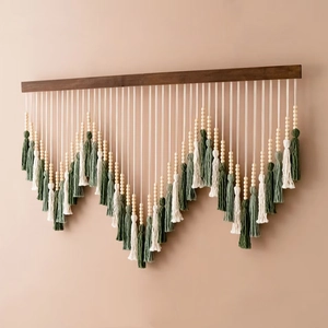 Nordic Bohemian Hand Woven Cotton Tapestry Wall Hanging With Tassels And Wood Rod Macrame Art For Living Room Home Decor