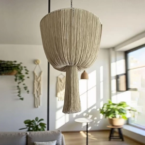 Bohemian hand-woven cotton fringe lampshade in cream white for home decor