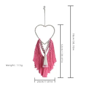 Pink and white Bohemian handmade woven heart wall hanging tapestry with long tassels