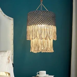 Bohemian handmade macrame lamp shade with fringe tassels for home pendant light decor
