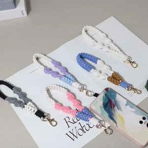 Handmade woven wrist strap phone lanyards in various colors with gold metal clasps
