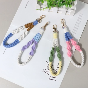 Handmade woven macaron lanyard wristlet keychain with gold metal lobster clasp for women