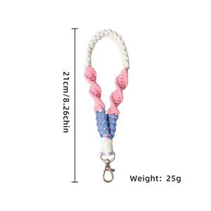 Handmade woven cotton lanyard keychain in pink, blue and white, 21cm length with metal clasp