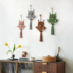 Handmade macrame owl wall hanging set in four colors with long tassels and wood bar