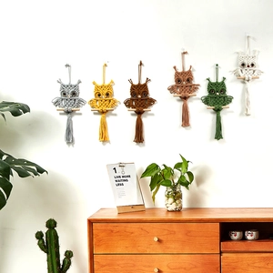 Set of 6 boho hand-woven macrame owl wall hangings in various colors for home decor