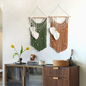 Handmade Bohemian leaf tassel wall hanging decor in dark green and caramel cotton
