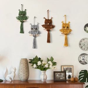Handmade macrame owl wall hanging decor in four colors for Bohemian style home interior