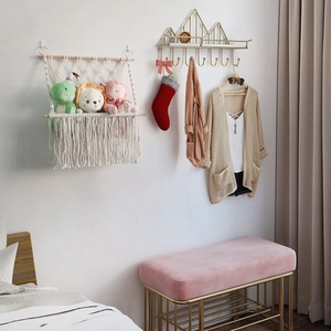 Handmade boho cotton rope storage hammock with tassels for nursery stuffed animal display