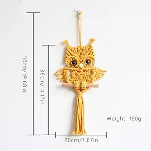 Handmade yellow macrame owl wall hanging decor for nursery with dimensions and long tassels