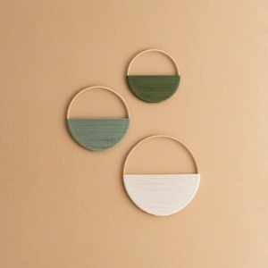 Bohemian woven wall hanging set with bamboo circles and cotton thread in earth tones
