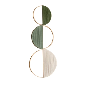 Bohemian woven wall hanging with three geometric circles in green and cream cotton rope