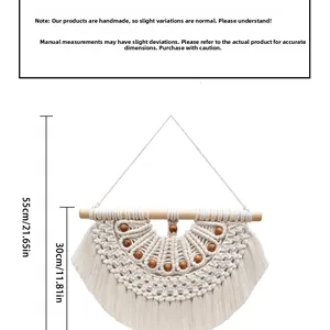 Detailed dimensions of handmade boho macrame wall hanging with wood beads and fringe